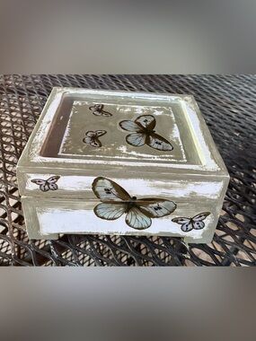 Butterfly Wood Trinket Box with Brown and Cream Accents